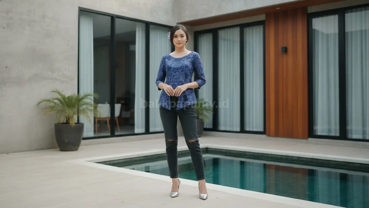 Perpaduan kebaya dan jeans menciptakan tampilan modern yang tetap menonjolkan unsur budaya.
