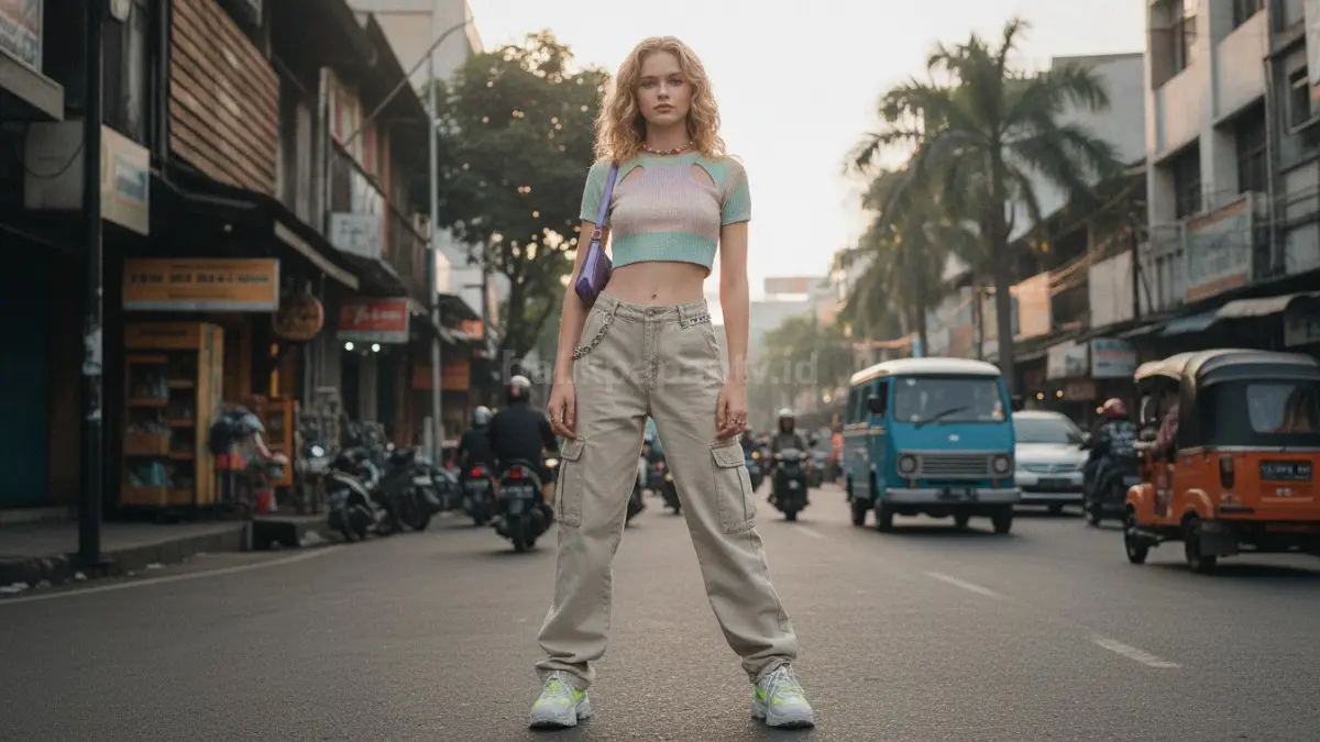 Remaja mengenakan outfit Y2K modern dengan celana baggy dan sneakers trendi masa kini.  (BTV/AI)
