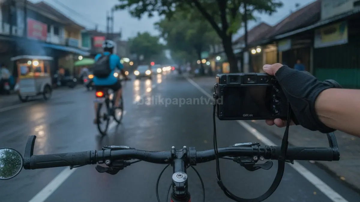 Ricoh GR IIIx digunakan saat perjalanan bersepeda untuk menangkap momen jalanan dengan warna yang akurat dan karakter visual kuat. (BTV/Ai)