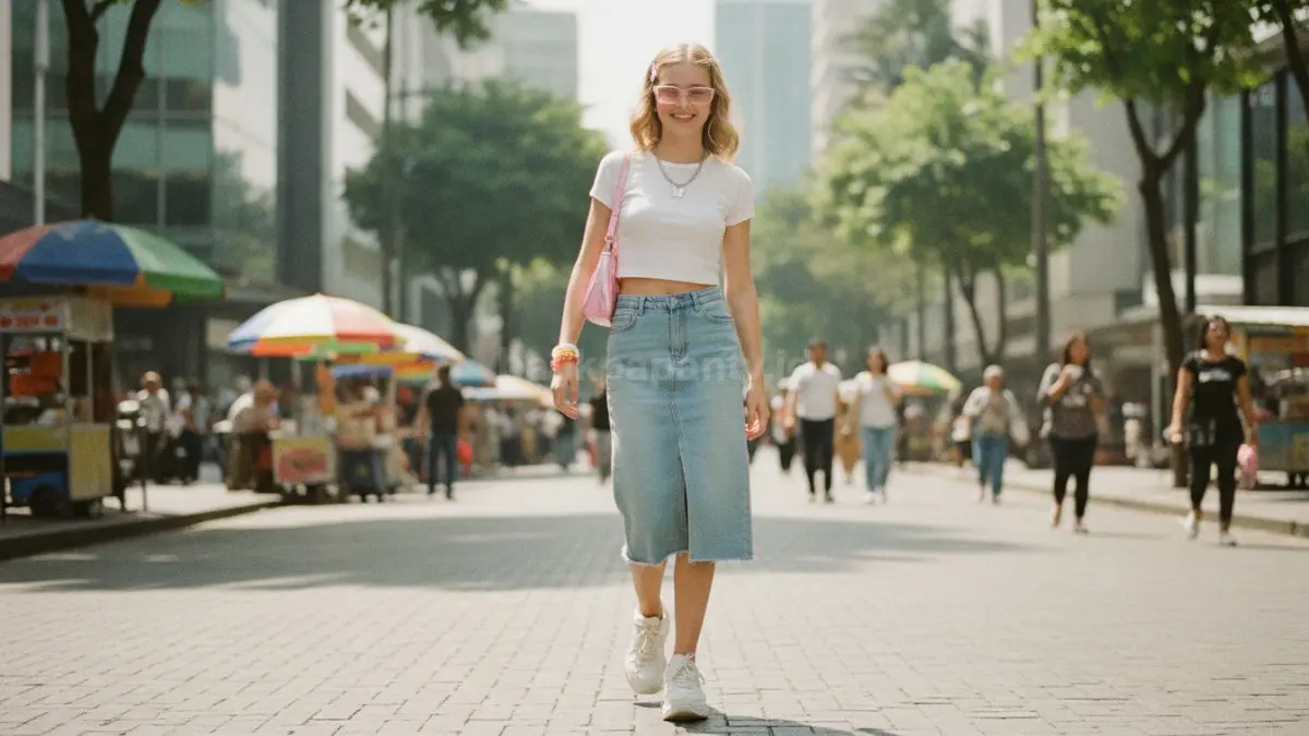 Rok midi dan atasan basic menghadirkan tampilan feminin, nyaman, fleksibel untuk berbagai aktivitas.  (BTV/AI)
