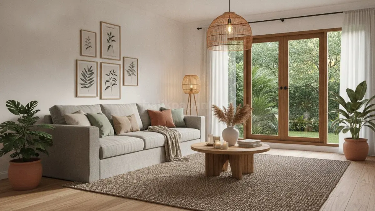 Ruang tamu ala Pinterest dengan sofa netral, karpet besar, dan pencahayaan hangat yang sedang viral (BTV/Ai)