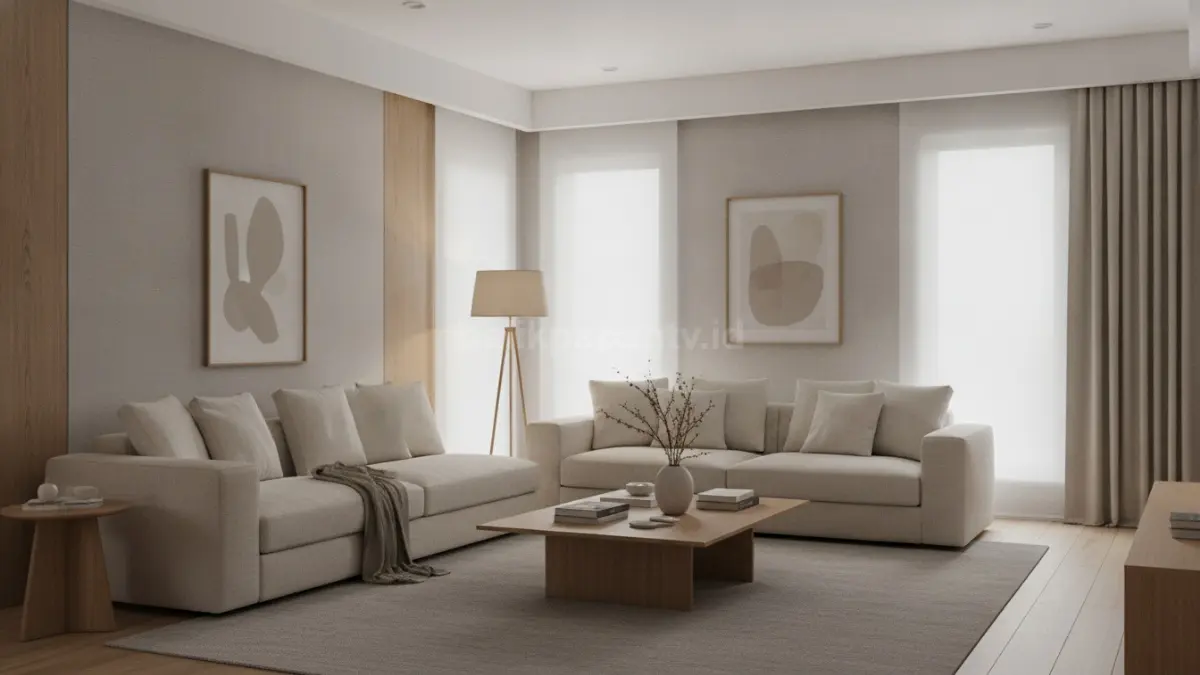 Ruang tamu quiet luxury home decor dengan warna netral, sofa premium, dan pencahayaan hangat yang elegan (BTV/Ai)