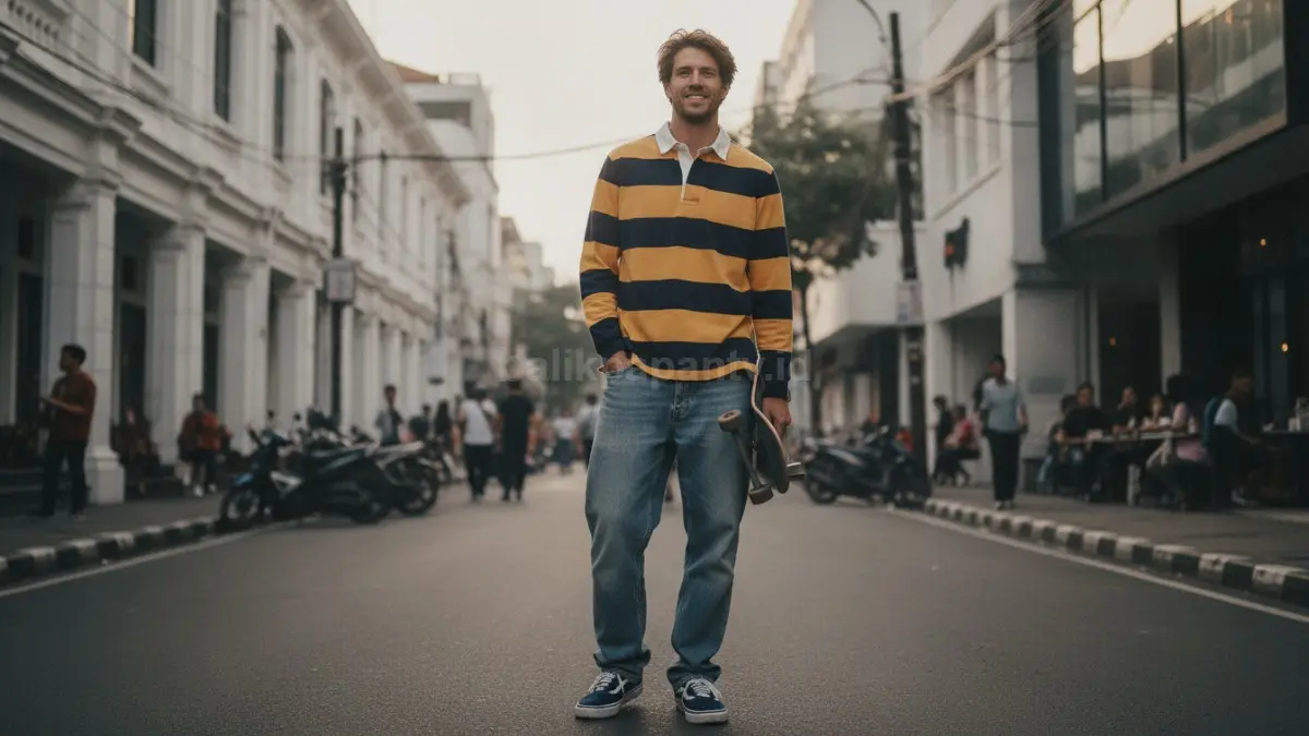 Rugby shirt bergaris kuning-navy dipadukan jeans baggy dan sneakers navy tampil penuh karakter.  (BTV/AI)

