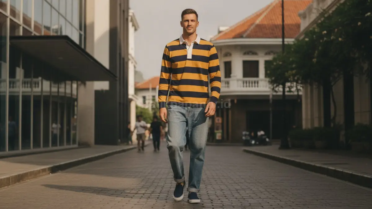 Rugby shirt bergaris kuning-navy tampil menonjol, menciptakan gaya kasual berkarakter tanpa aksesori berlebihan.  (BTV/AI)
