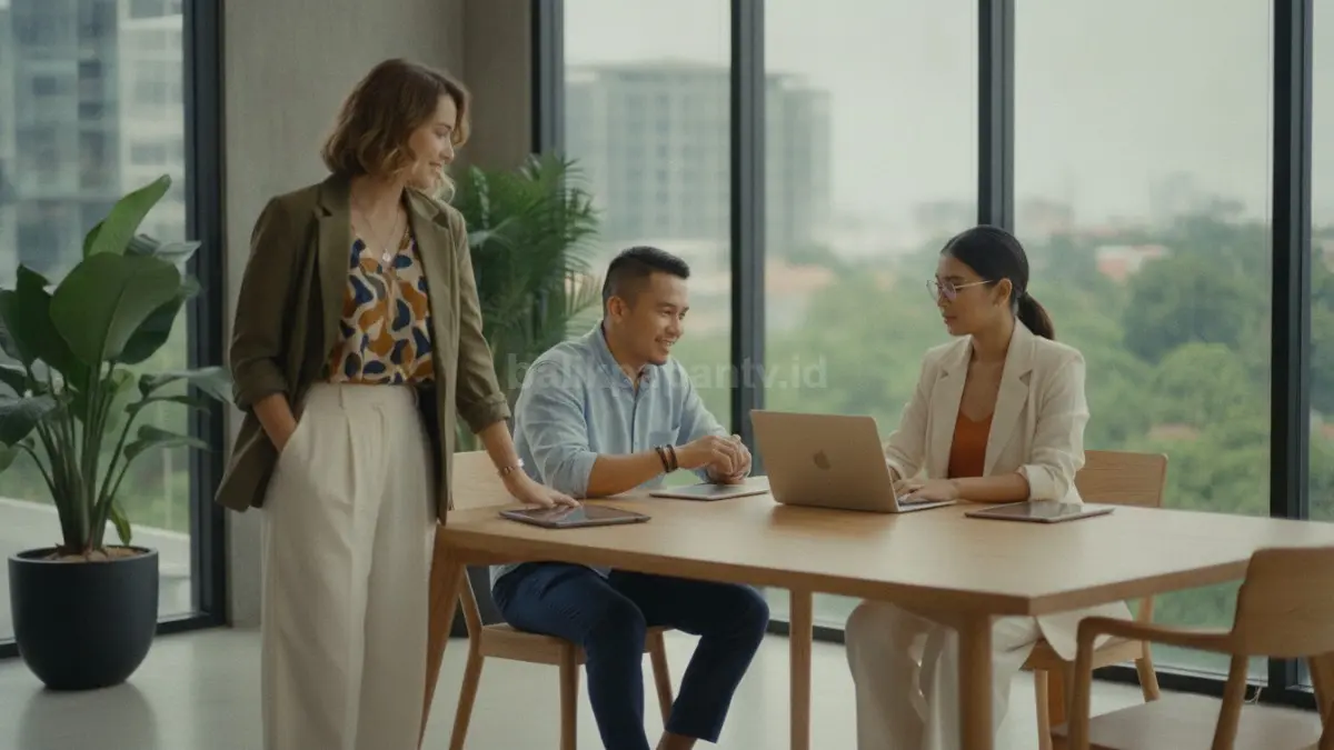 Suasana kerja modern dengan gaya berpakaian profesional yang tetap mencerminkan karakter personal.
