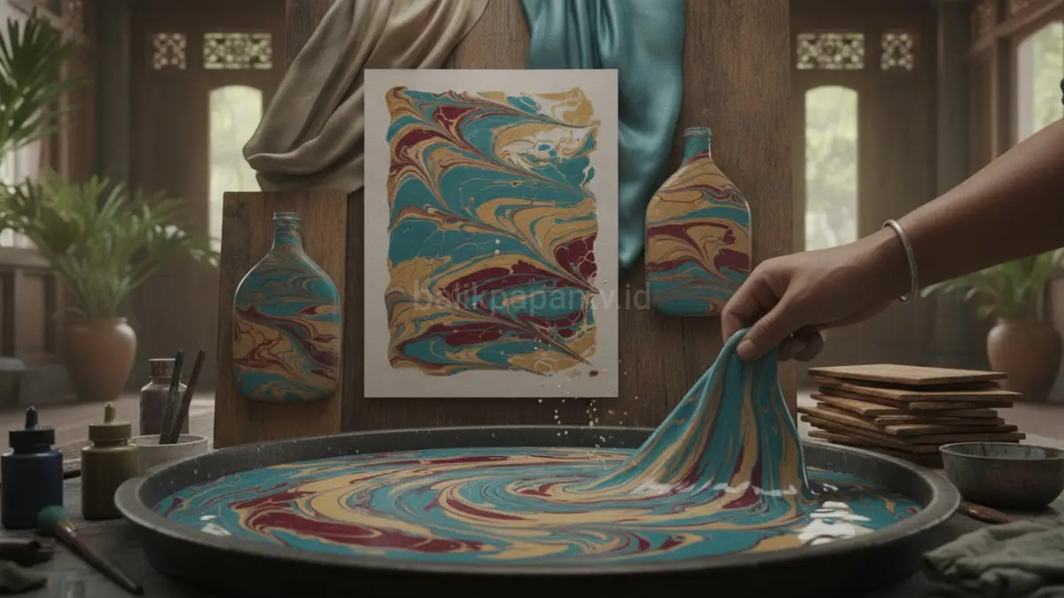 Teknik marbling memanfaatkan kertas, kain, dan material bekas untuk menciptakan dekorasi artistik yang fungsional sekaligus bernilai estetika tinggi.(BTV/AI) 