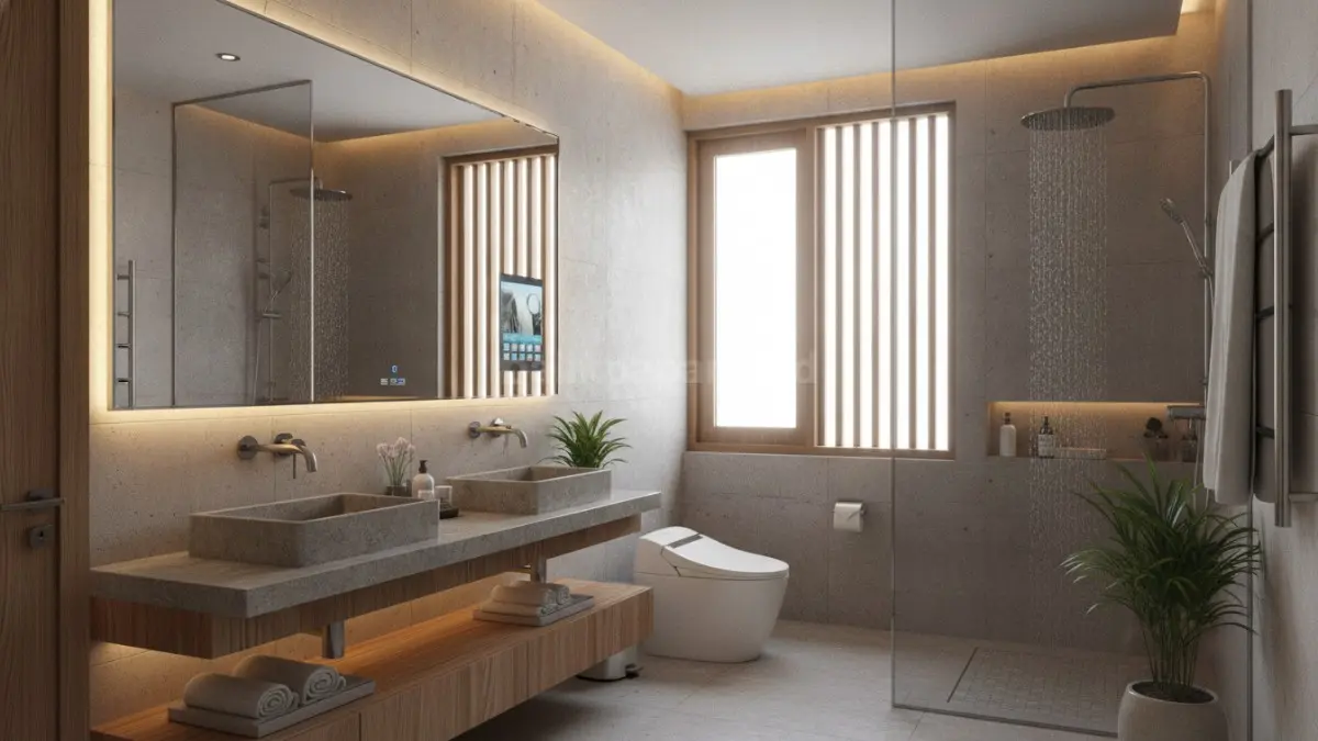 Teknologi pintar seperti cermin anti-kabut dan lampu otomatis meningkatkan kenyamanan kamar mandi modern. (BTV/AI)

