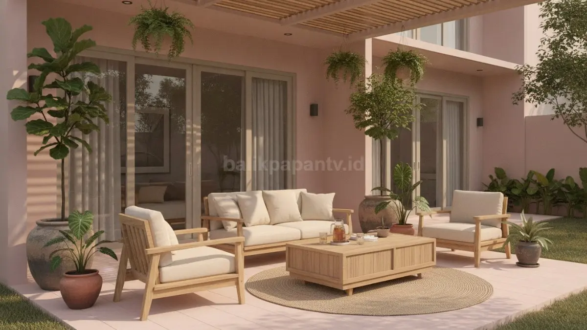 Teras pink modern dengan furnitur kayu natural dan tanaman tropis yang menciptakan suasana hangat
