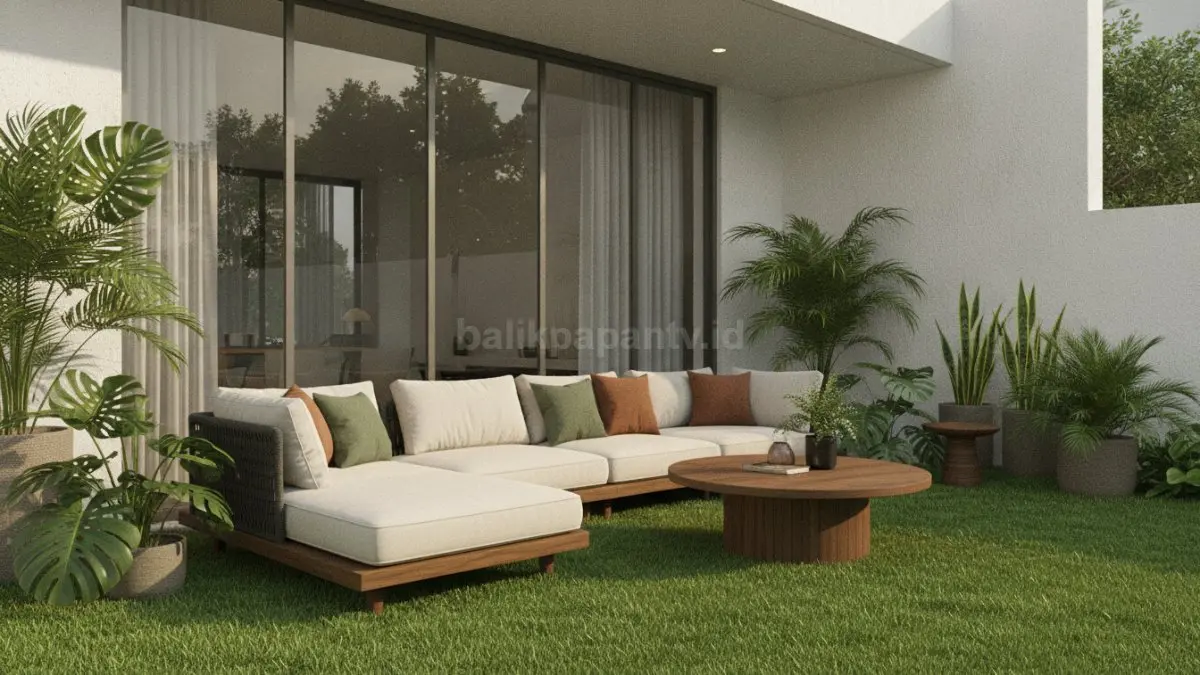 Teras rumah modern menggunakan rumput sintetis dengan area duduk santai dan tanaman hijau..
