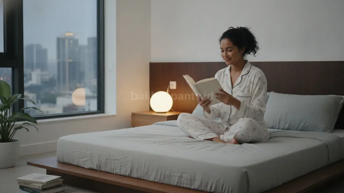 Aktivitas membaca buku sebelum tidur sebagai rutinitas malam yang menenangkan.
