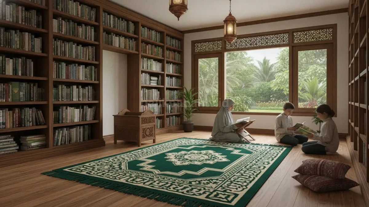 Area ibadah terintegrasi perpustakaan rumah menghadirkan rak buku islami, nyaman untuk salat dan belajar keluarga. (BTV/AI)
