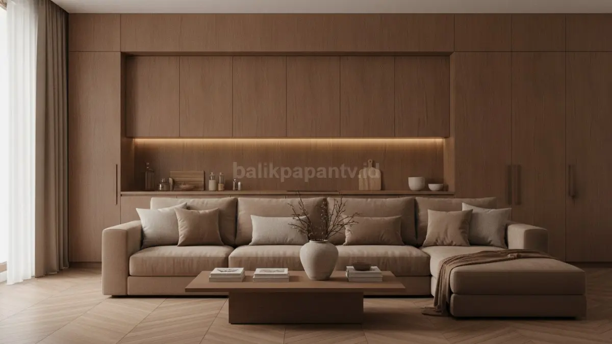 Cokelat kakao lembut memperkuat karakter ruang melalui kabinet, panel dinding, dan furnitur berkesan mewah elegan. (BTV/AI)