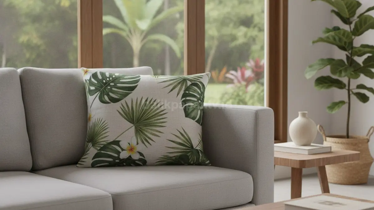 Cushion cover botanical handmade dengan motif tropis mempercantik interior minimalis hingga skandinavia modern.  (BTV/AI)