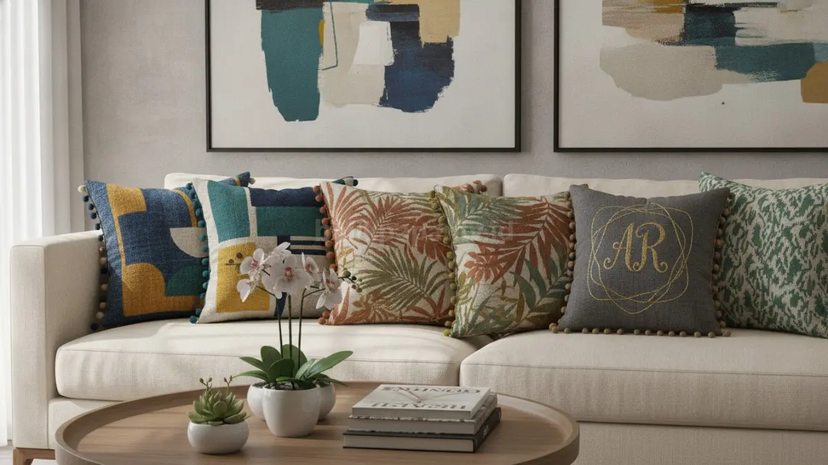 Cushion cover custom handmade dengan motif personal mempercantik ruang tamu modern.  (BTV/AI)