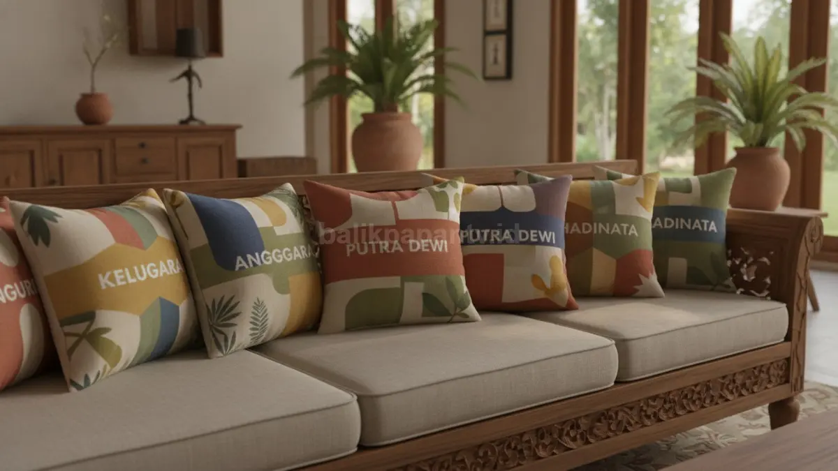 Cushion cover motif nama keluarga menghadirkan identitas personal, suasana hangat, dan dekorasi ruang tamu berkarakter.  (BTV/AI)