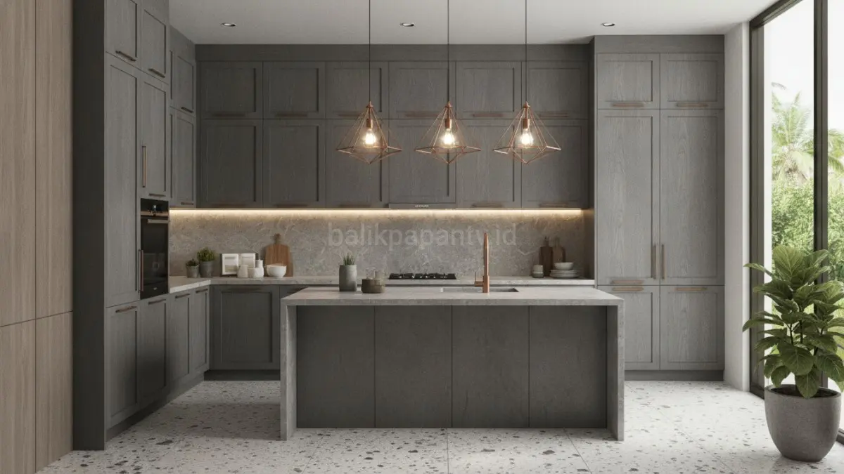 Dapur abu-abu modern 2026 menggantikan putih minimalis dengan material berlapis dan pencahayaan kontemporer elegan.(BTV/AI) 
