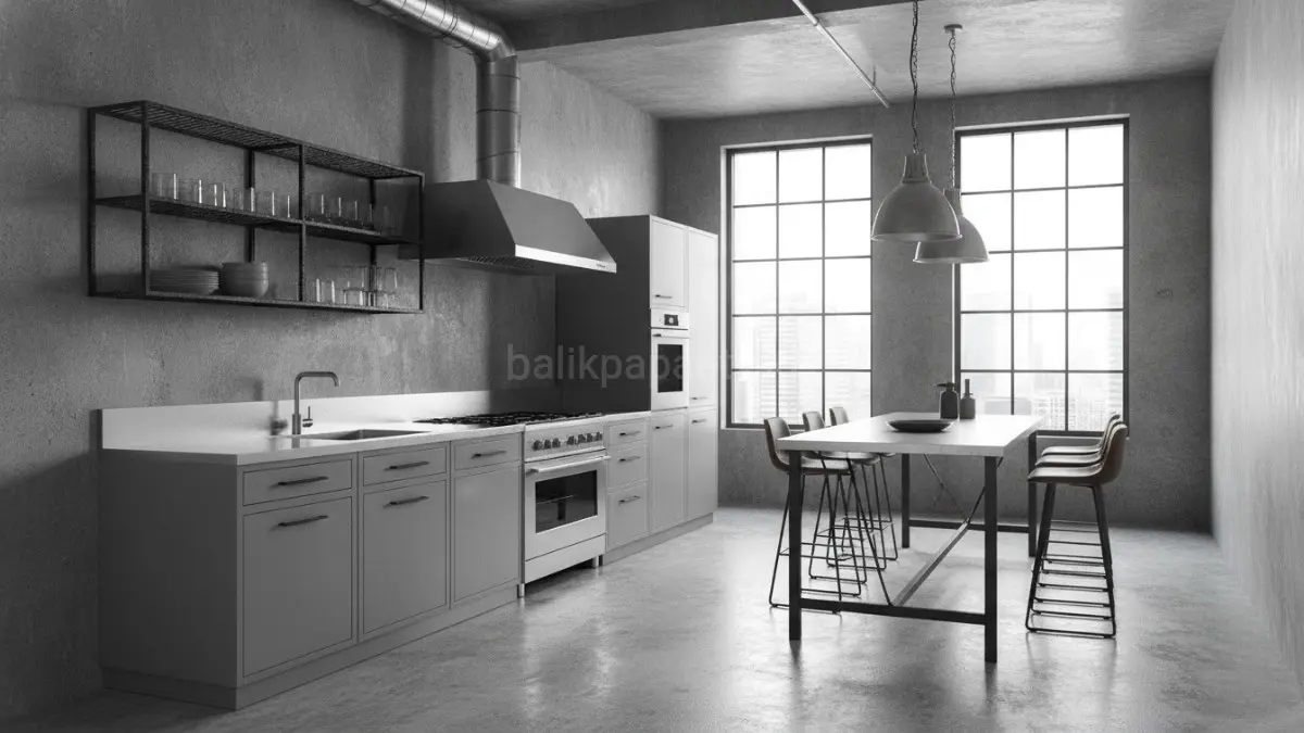 Dapur industrial grey dengan aksen logam menghadirkan nuansa tegas, modern, dan profesional dalam ruang terbuka.(BTV/AI) 