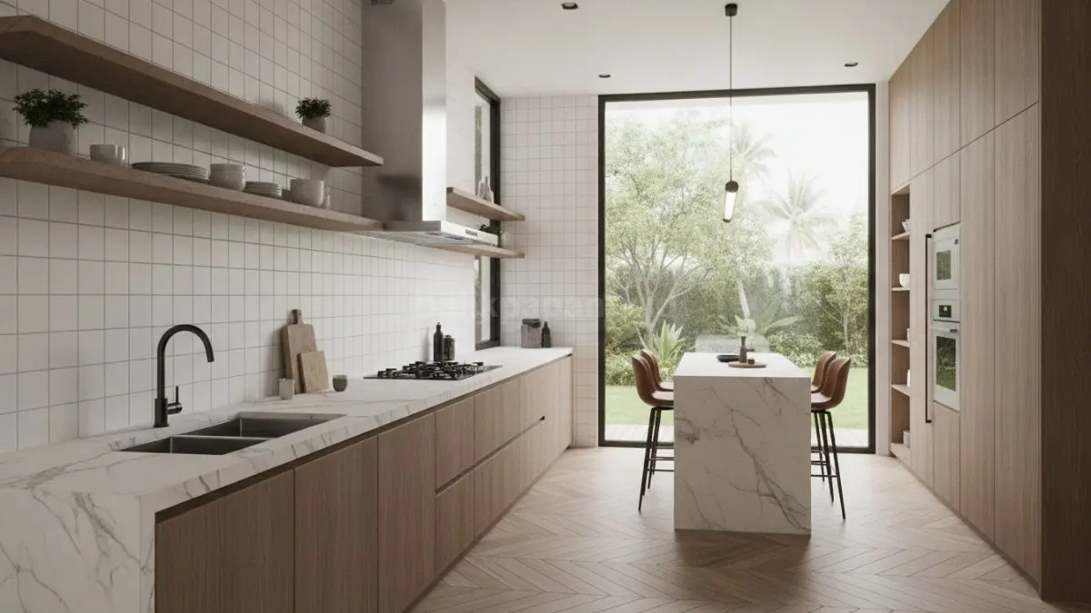 Dapur linear yang efisien memaksimalkan ruang dengan tata letak sederhana yang nyaman dan fungsional. (BTV/Ai)