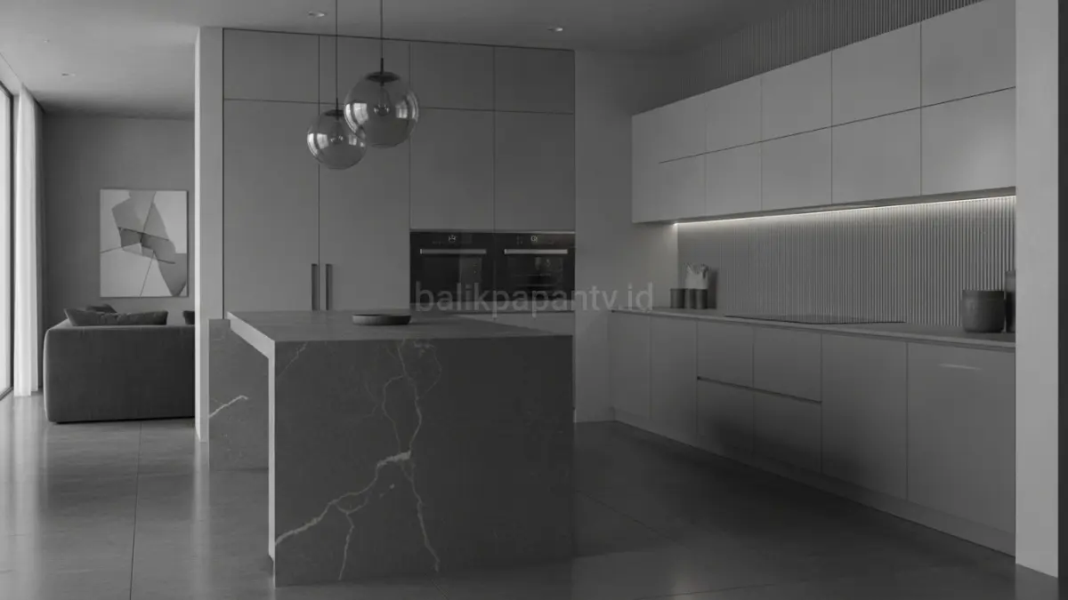 Dapur monochrome grey layering menciptakan kedalaman visual melalui gradasi abu-abu yang dinamis dan modern.(BTV/AI) 