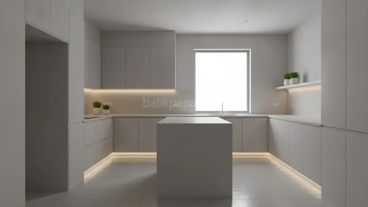 Dapur soft grey minimalis menghadirkan kesan ringan, elegan, dan lebih luas dengan dukungan pencahayaan LED tersembunyi.(BTV/AI) 