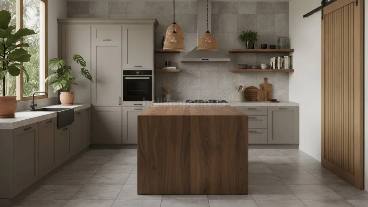 Dapur warm grey dengan kayu natural menciptakan suasana hangat, modern, dan nyaman untuk hunian keluarga muda.(BTV/AI) 