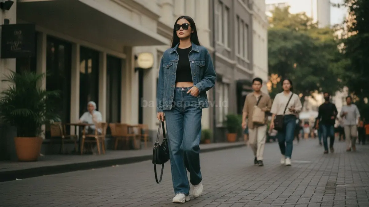 Denim wide leg menghadirkan gaya Korean street style nyaman, fleksibel, dan mudah dipadukan.  (BTV/AI)