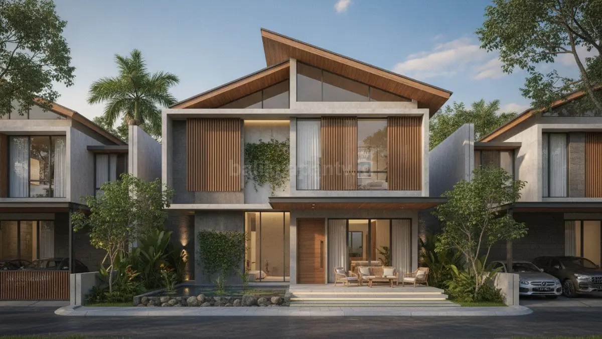 Desain fasad rumah modern dengan kombinasi material alami dan garis minimalis yang elegan. (BTV/Ai)