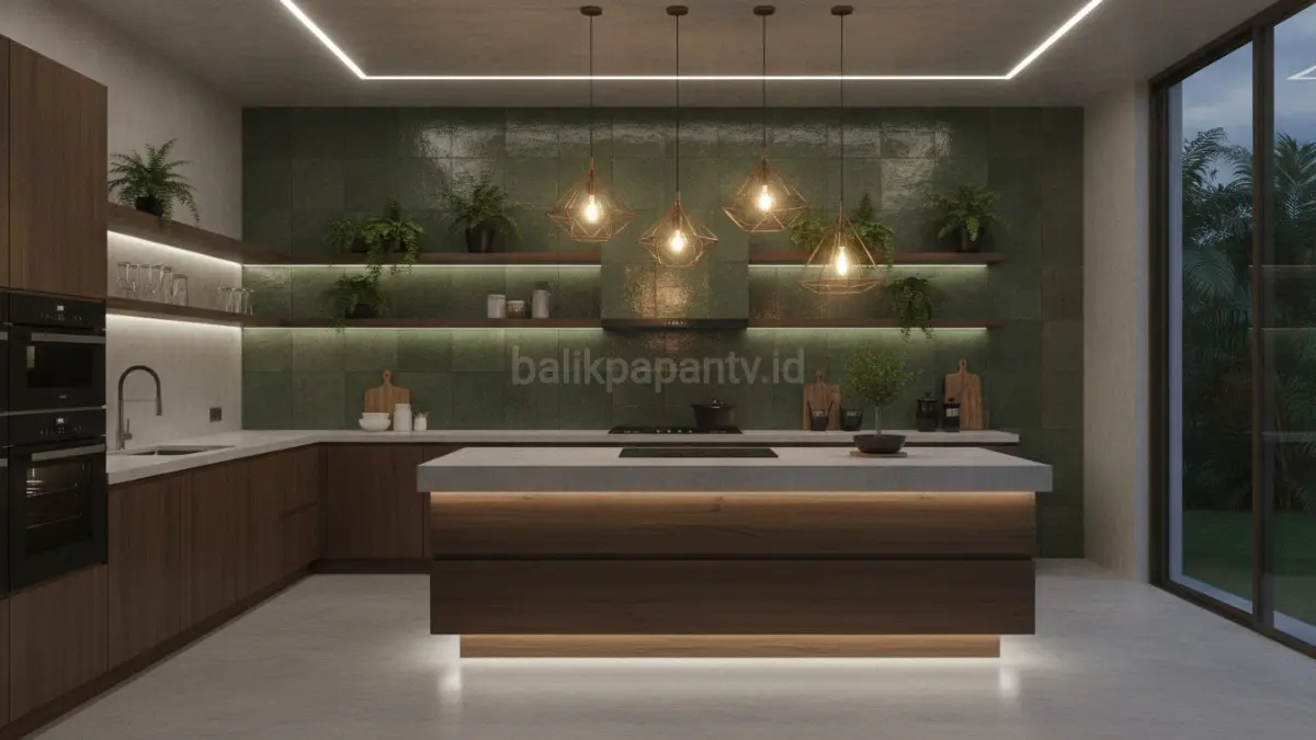 Desain pencahayaan dapur modern 2026 memadukan lampu tugas dan aksen berlapis fungsional elegan estetis efisien. (BTV/AI)
