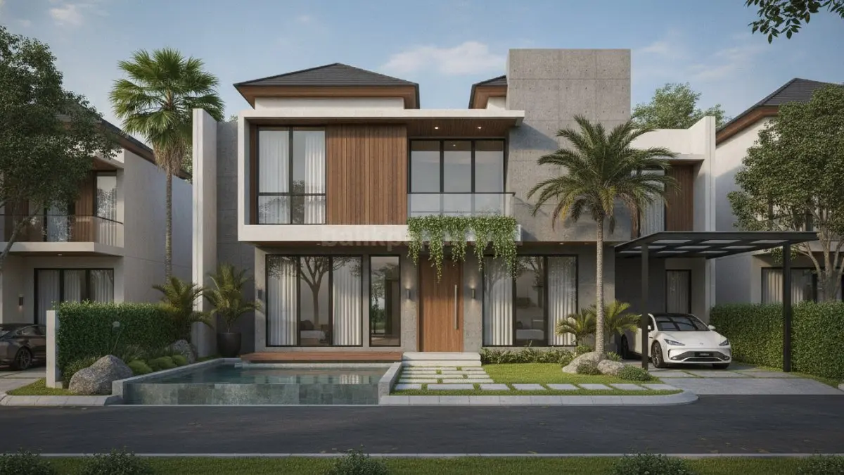 Desain rumah minimalis 2 lantai modern dengan fasad geometris dan pencahayaan alami yang optimal. (BTV/Ai)