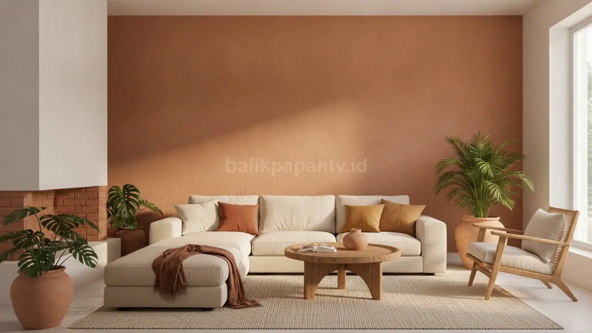 Earthy clay membalut ruang keluarga menghadirkan nuansa hangat, akrab, membumi, sekaligus elegan dan menenangkan alami. (BTV/AI)
