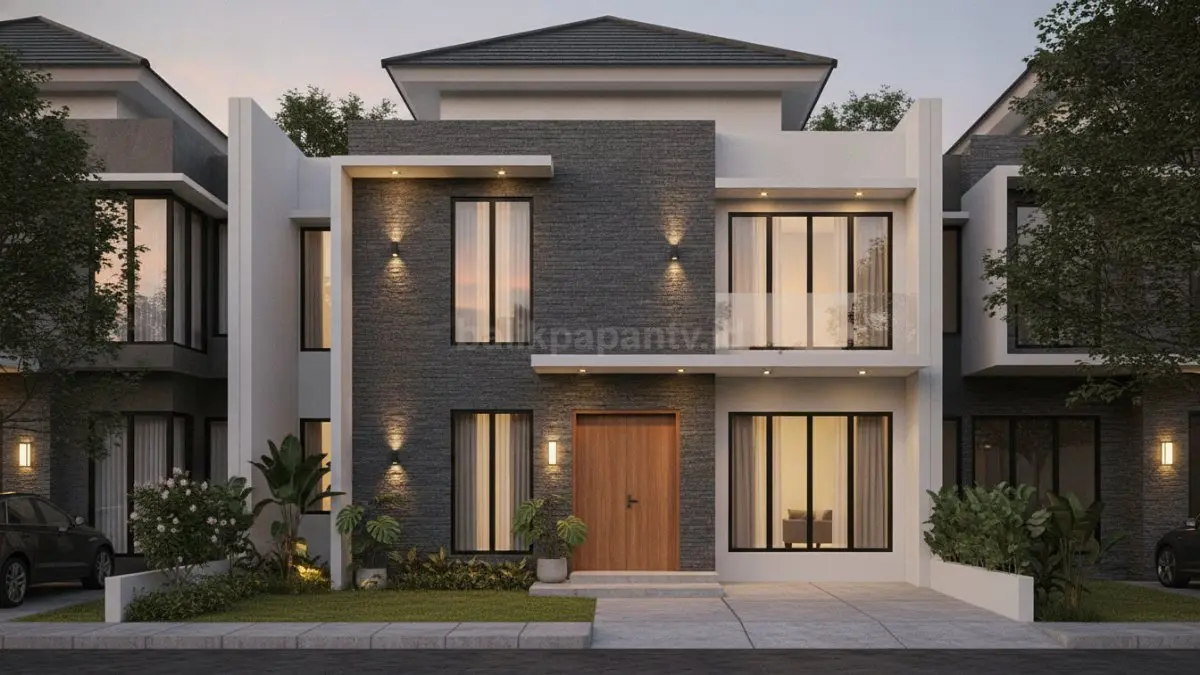 Fasad batu alam modern menghadirkan tekstur alami yang elegan sekaligus memperkuat karakter visual rumah. (BTV/Ai)