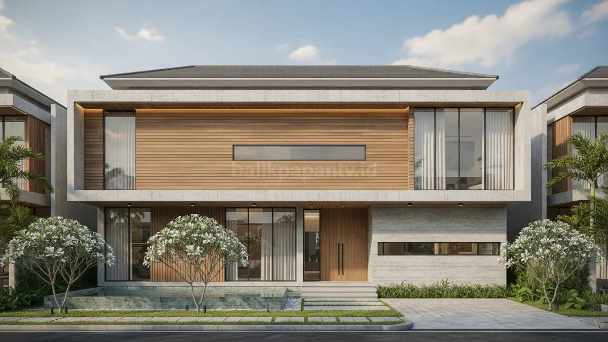 Fasad garis horizontal minimalis menghadirkan tampilan rumah yang modern, proporsional, dan elegan dengan karakter visual yang kuat. (BTV/Ai)