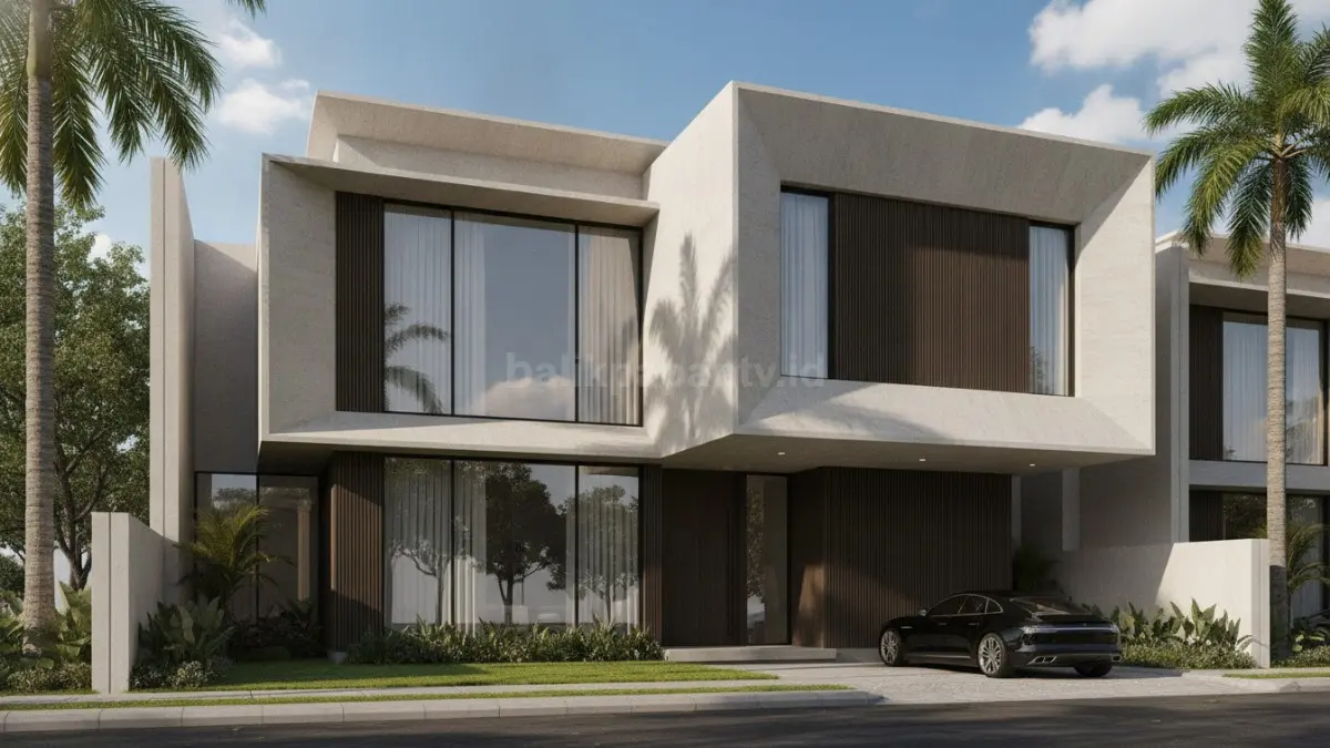Fasad geometris dengan permainan bidang menciptakan tampilan rumah yang dinamis, modern, dan penuh karakter. (BTV/Ai)