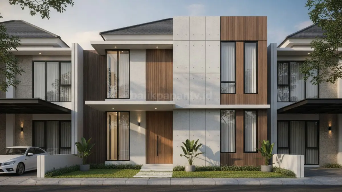 Fasad geometris sederhana menghadirkan tampilan rumah yang modern, rapi, dan berkarakter dengan garis-garis tegas yang elegan. (BTV/Ai)