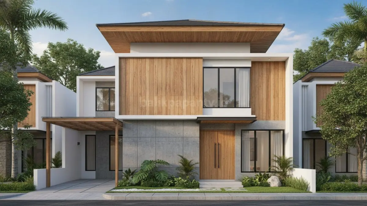 Fasad kayu dan material sintetis tahan cuaca menghadirkan tampilan hangat, modern, dan nyaman dipandang. (BTV/Ai)