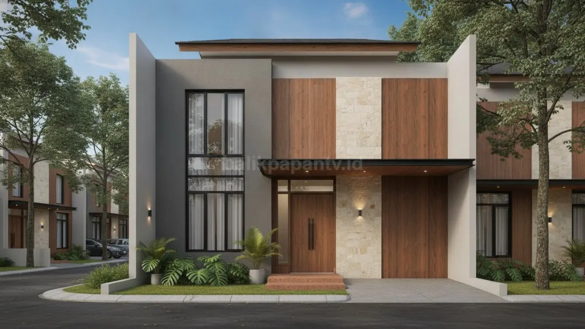 Fasad warna earth tone menghadirkan tampilan rumah yang hangat, elegan, dan mudah dipadukan dengan berbagai material. (BTV/Ai)