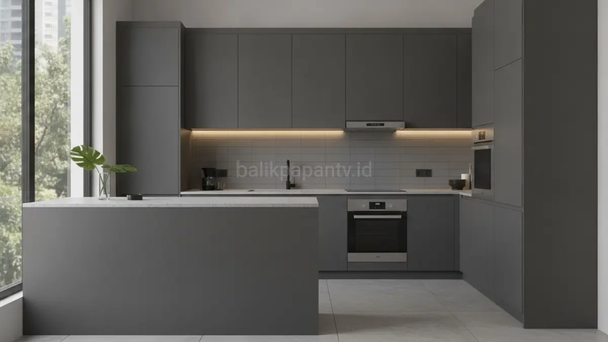 Finishing matte grey pada dapur menghadirkan kesan tenang, stabil, dan praktis dengan tampilan minimalis modern.(BTV/AI) 
