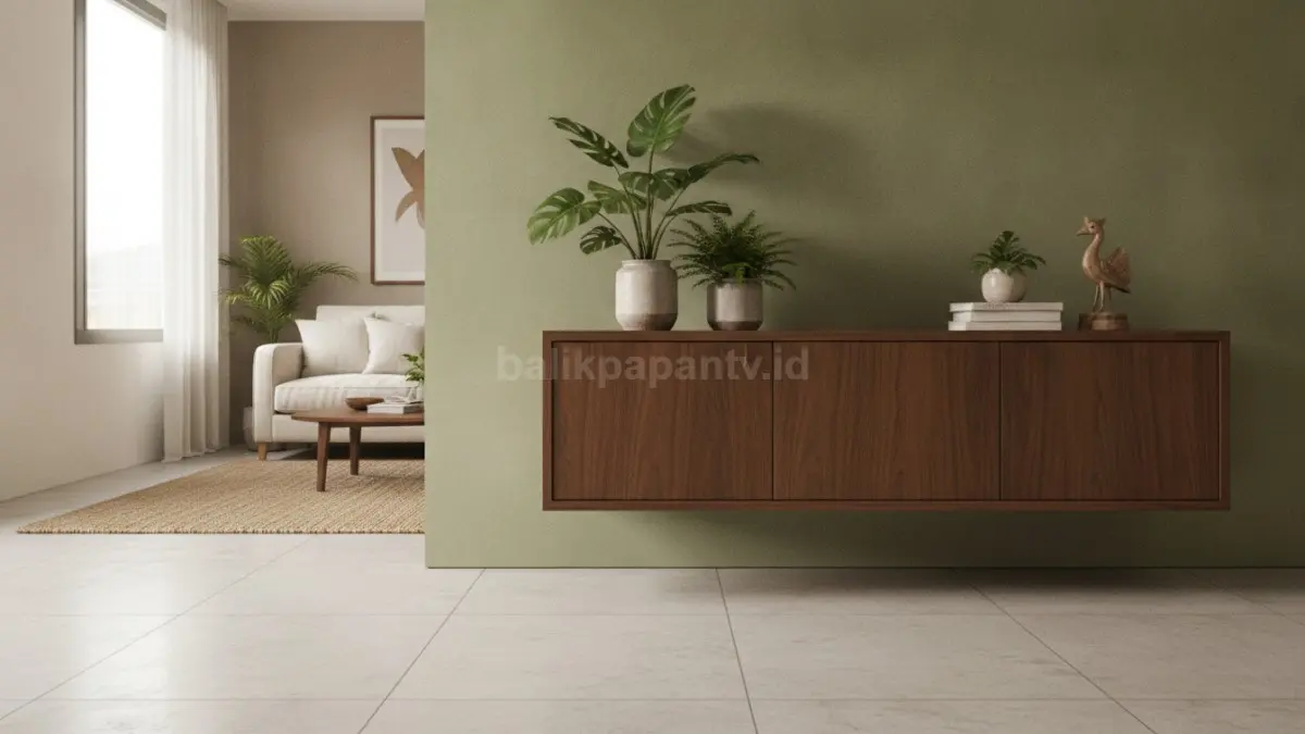 Floating cabinet tanpa kaki menciptakan ilusi ruang lapang, ringan, modern, tertata, cocok untuk apartemen kecil. (BTV/AI)
