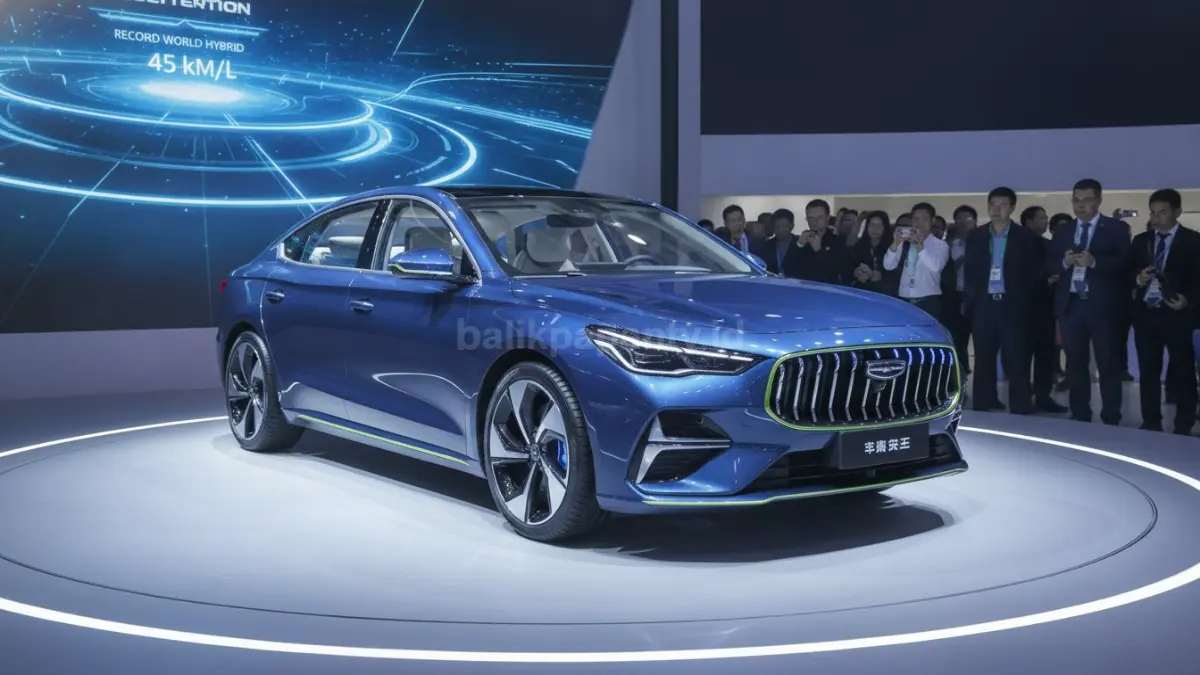Geely Emgrand IHV tampil di Beijing Auto Show 2026 dengan teknologi hybrid rekor dunia 45 km per liter. (BTV/Ai)