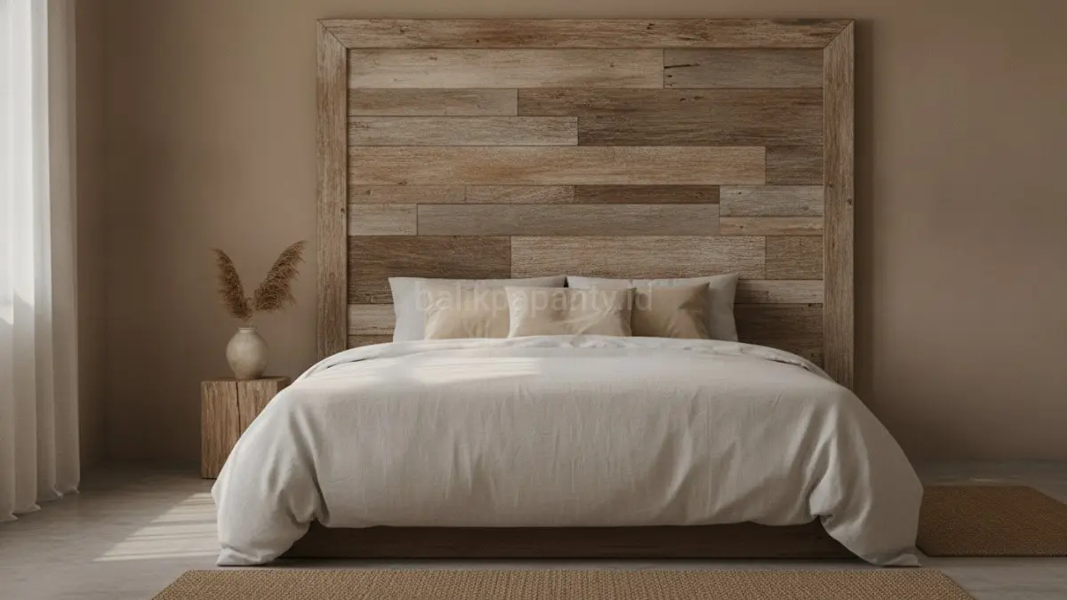 Headboard kayu bekas menghadirkan nuansa hangat dan tenang untuk menciptakan suasana kamar yang relaks.(BTV/AI) 