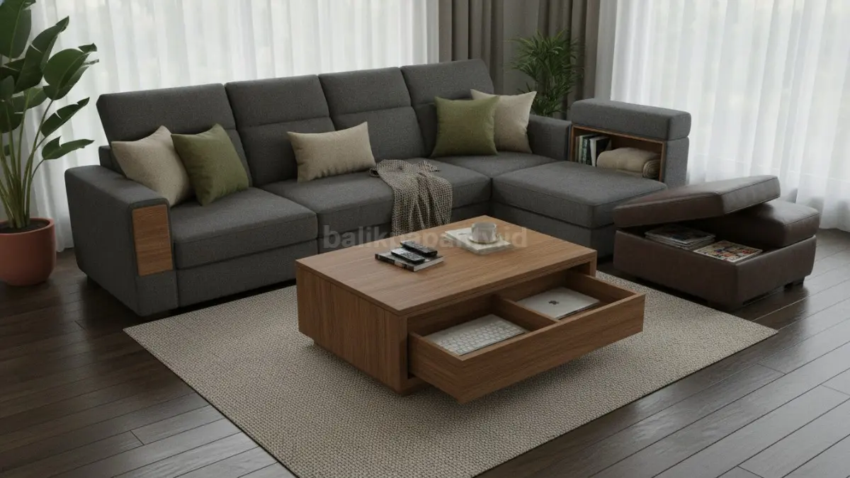 Hidden compartment furniture menghadirkan penyimpanan tersembunyi pada sofa dan meja, membuat ruang rapi, tenang, terorganisir. (BTV/AI)
