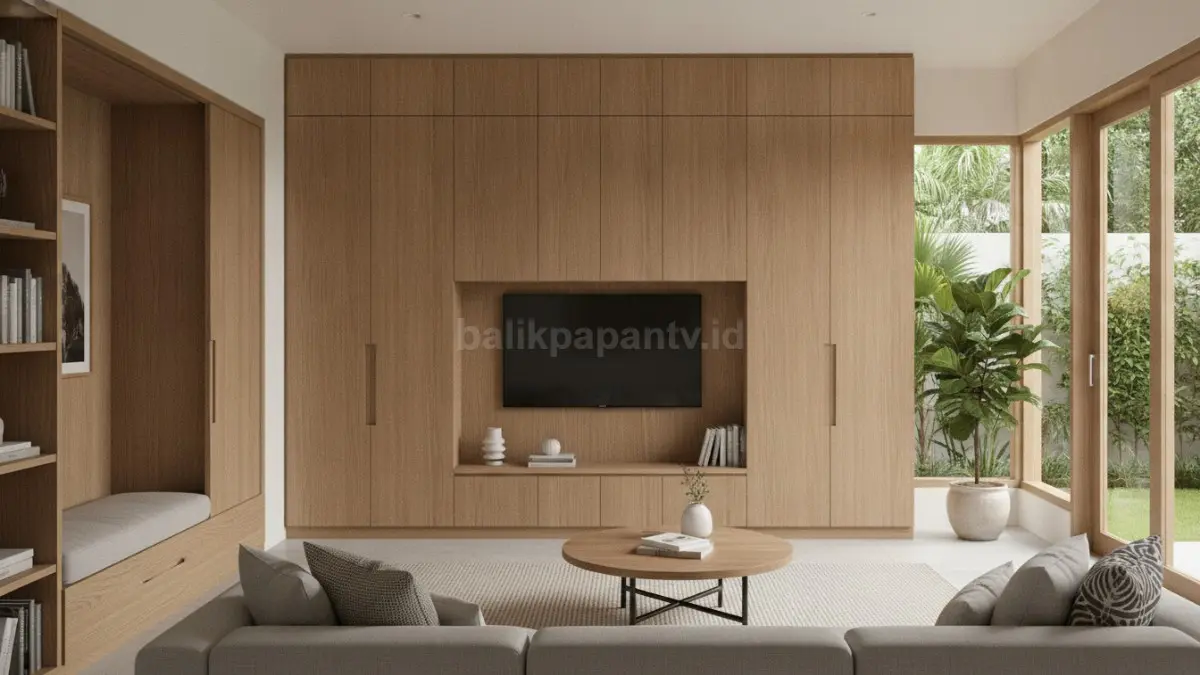 Hidden storage pada ruang keluarga modern dengan kabinet tersembunyi yang menyatu dengan interior rumah (BTV/Ai)