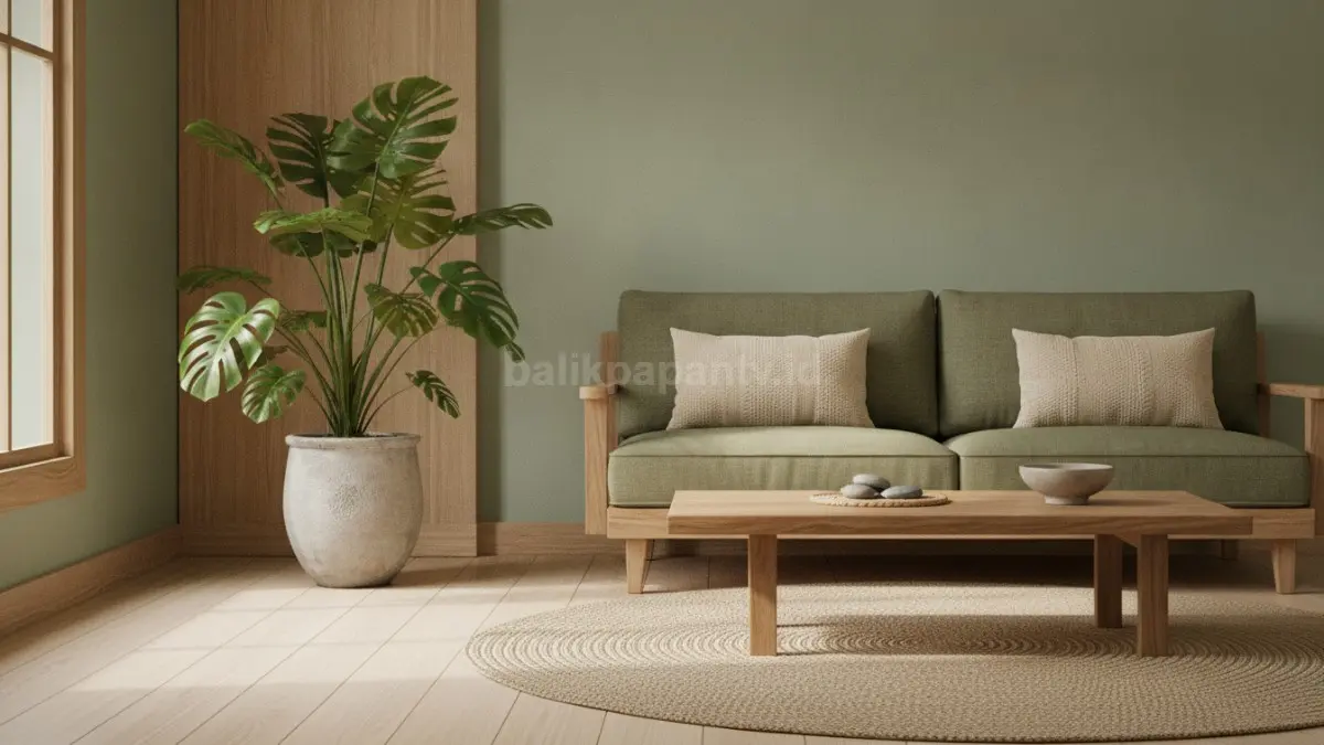 Hijau botani berpadu kayu alami menghadirkan ruang modern yang segar, menenangkan, hangat, dan terasa lebih hidup. (BTV/AI)
