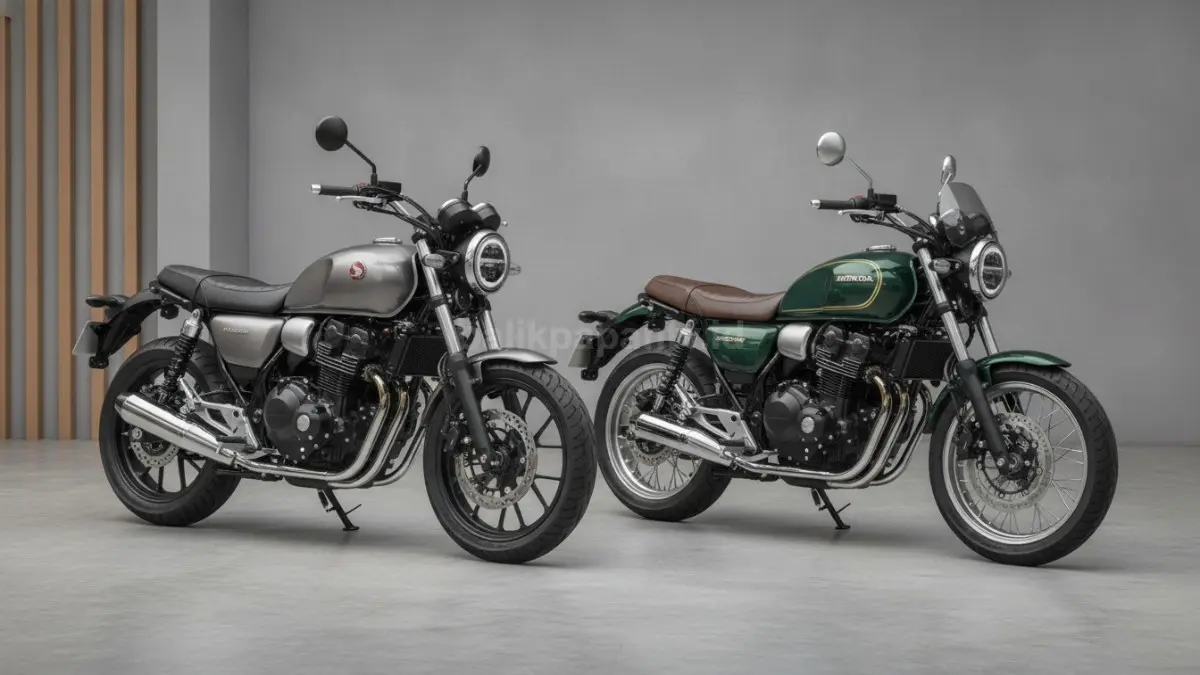 Honda GB350 dan GB350C versi JDM berdampingan menampilkan perbedaan desain retro modern dan klasik murni. (BTV/Ai)