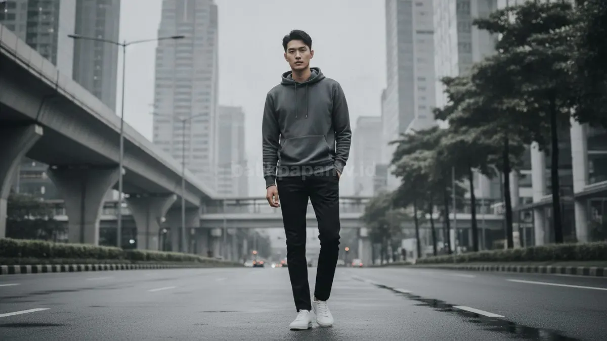 Hoodie minimalis dan sneakers putih menciptakan gaya remaja santai, bersih, serta modern.  (BTV/AI)