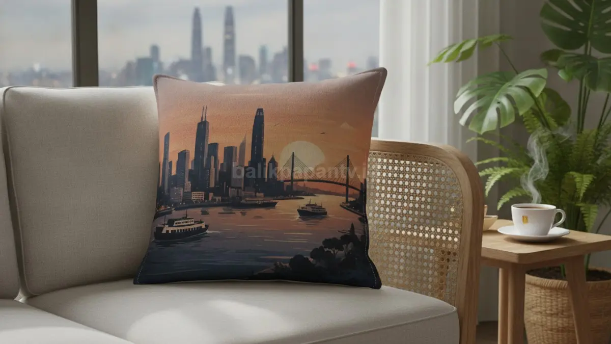 Ilustrasi kota favorit pada cushion cover menghadirkan kenangan perjalanan dan karakter personal ruangan.  (BTV/AI)