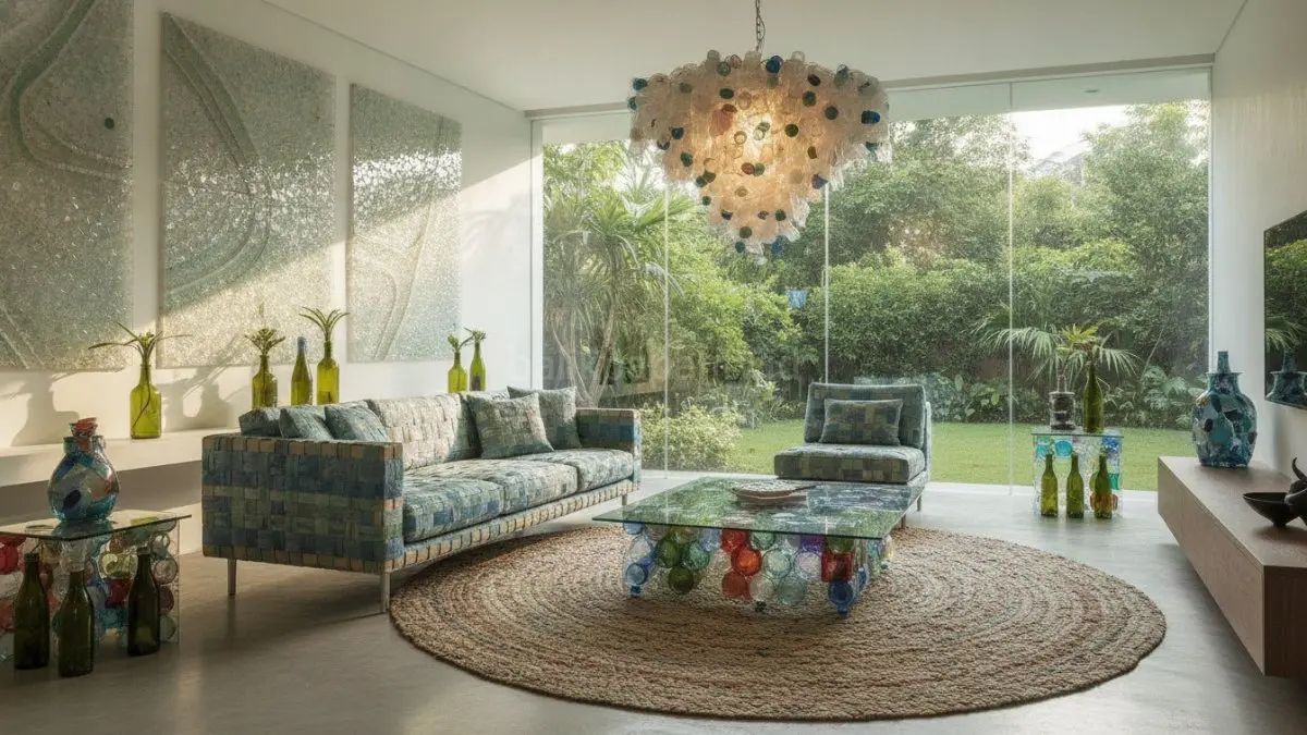 Inspirasi dekorasi rumah modern memanfaatkan plastik dan kaca daur ulang untuk menghadirkan estetika, fungsi, dan keberlanjutan dalam satu konsep.(BTV/AI) 