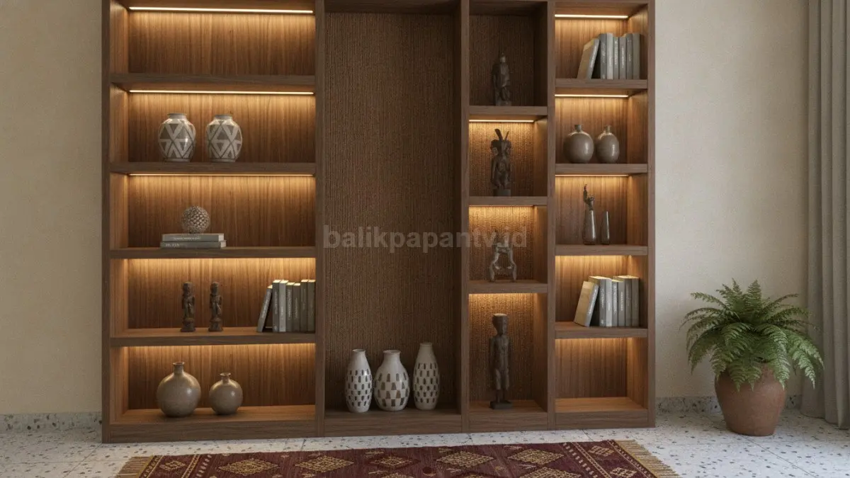 Integrated lighting storage dengan LED pada rak menciptakan efek hangat, dramatis, fungsional dalam interior modern. (BTV/AI)
