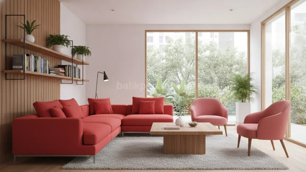 Interior ruang tamu dengan furnitur merah dan elemen kayu yang menciptakan keseimbangan visual.
