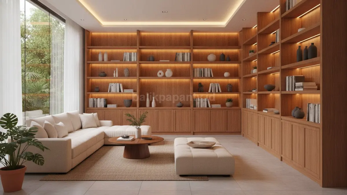 Interior rumah modern dengan built-in storage rapi dan pencahayaan hangat menghadirkan suasana nyaman, elegan, tertata. (BTV/AI)
